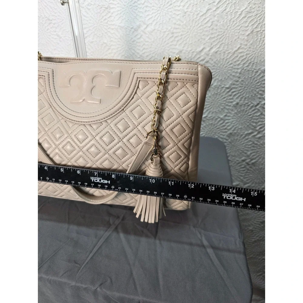 Tory Burch Fleming Tote Large Beige Good Quilted Leather Chain Shoulder Bag